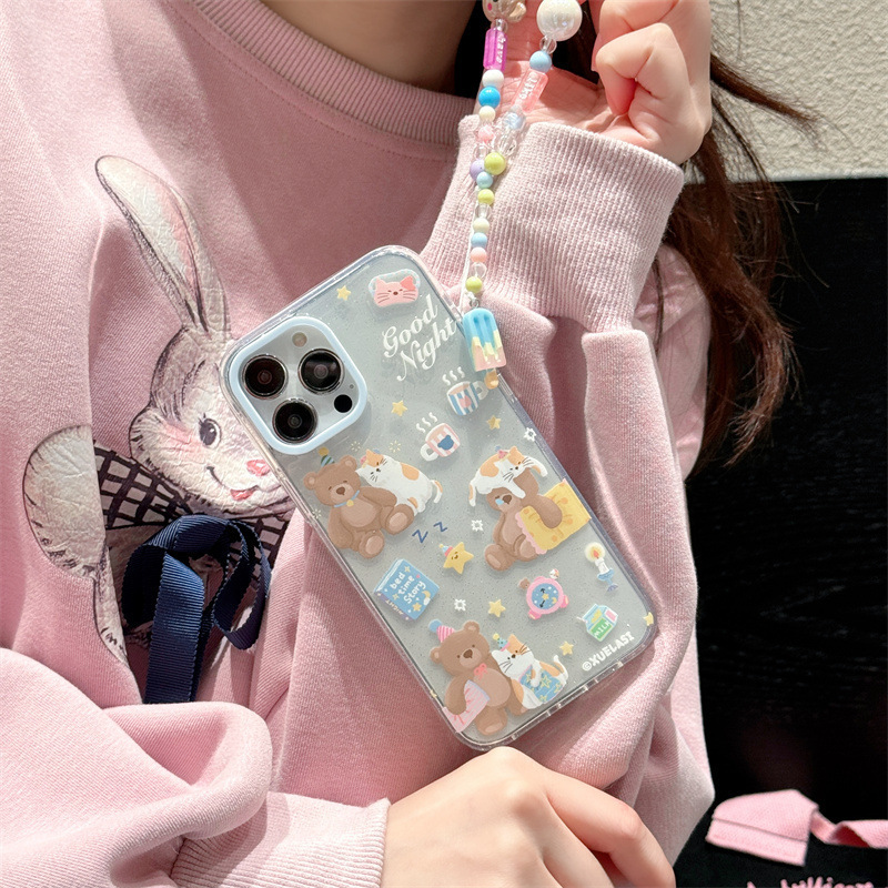 Glitter Bear transparent cartoon kitten alarm clock sticker Blue chain phone case cute for iPhone phone fall proof