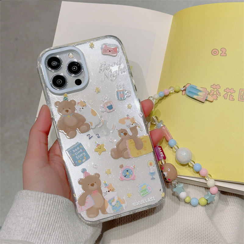 Glitter Bear transparent cartoon kitten alarm clock sticker Blue chain phone case cute for iPhone phone fall proof