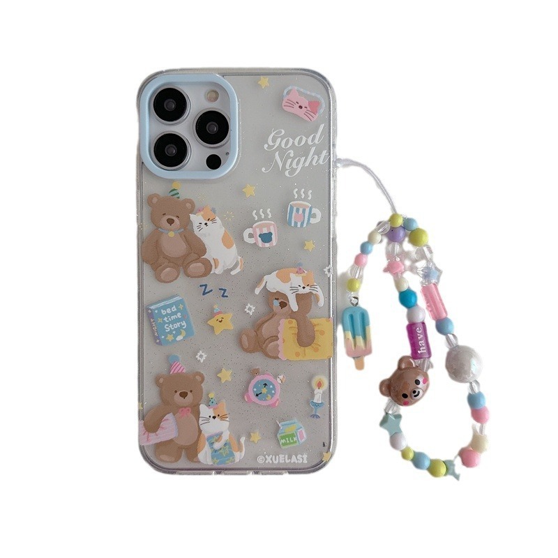 Glitter Bear transparent cartoon kitten alarm clock sticker Blue chain phone case cute for iPhone phone fall proof