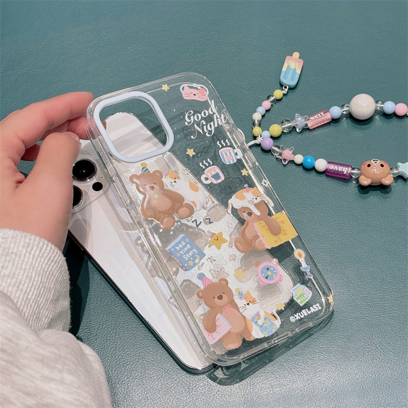 Glitter Bear transparent cartoon kitten alarm clock sticker Blue chain phone case cute for iPhone phone fall proof