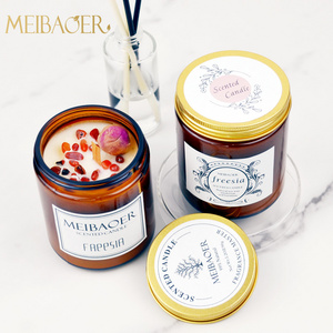 RTS Meibaoer High-end Top Sell Candles Amber Glass Jar Candle with Crytal and Dried Flower Aromatherapy Scented Candle