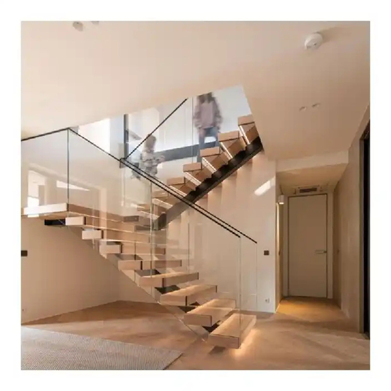 High Quality Code Modern Stair Floating Straight Stairs Interior Staircase with Wood Tread and Glass Railing