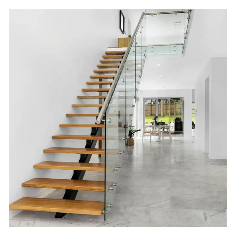 High Quality Code Modern Stair Floating Straight Stairs Interior Staircase with Wood Tread and Glass Railing