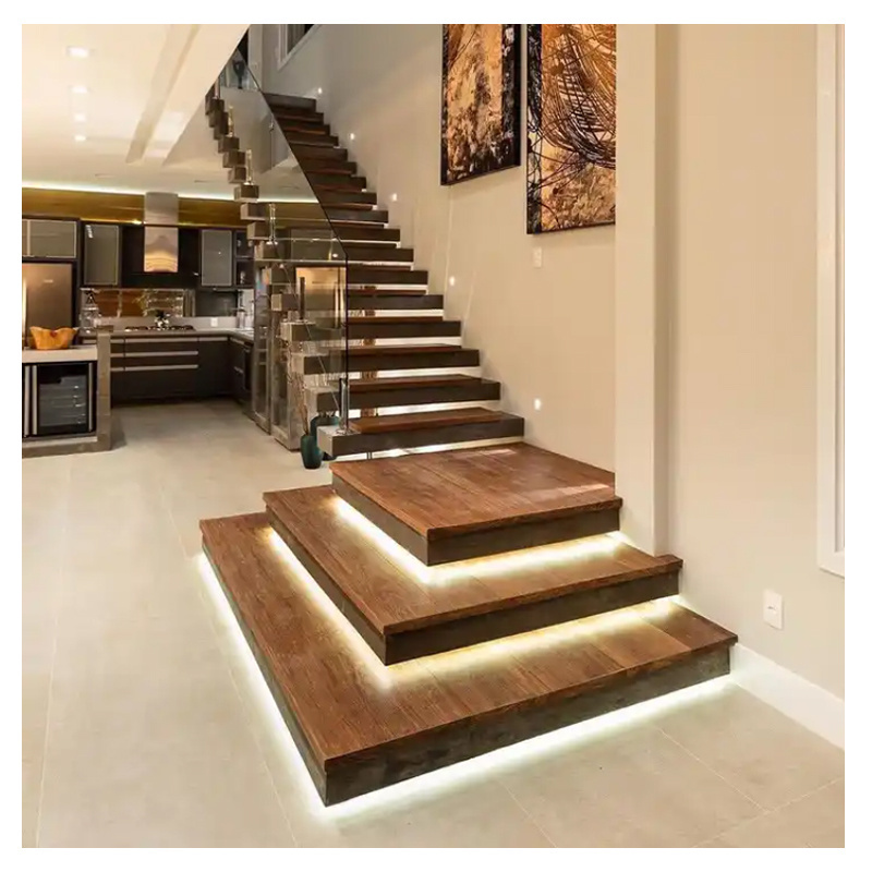 High Quality Code Modern Stair Floating Straight Stairs Interior Staircase with Wood Tread and Glass Railing