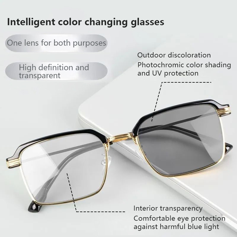 Half frame photochromic glasses Men's handsome square frame UV protection eye glasses photo gray glasses