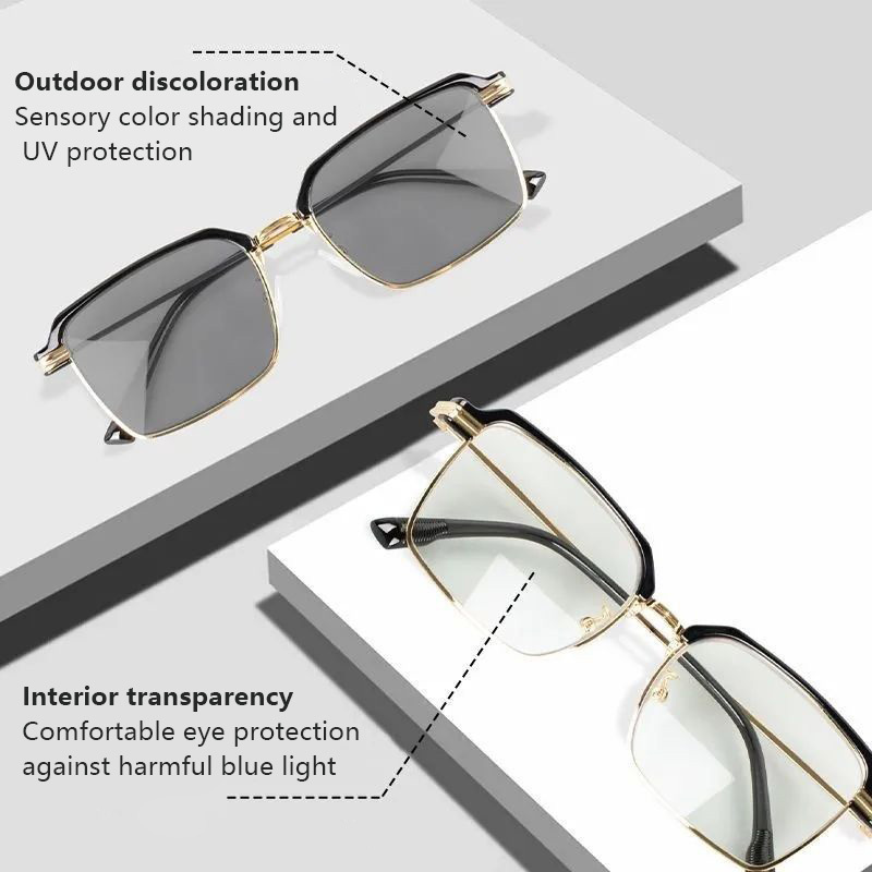 Half frame photochromic glasses Men's handsome square frame UV protection eye glasses photo gray glasses