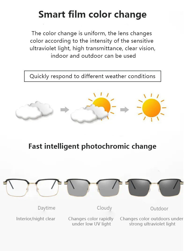 Half frame photochromic glasses Men's handsome square frame UV protection eye glasses photo gray glasses