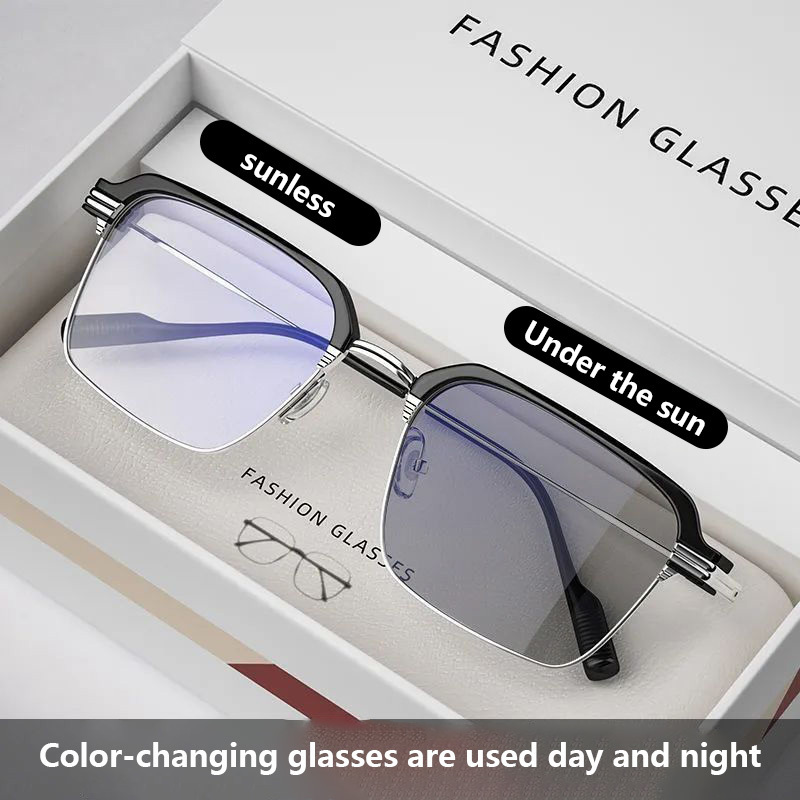 Half frame photochromic glasses Men's handsome square frame UV protection eye glasses photo gray glasses