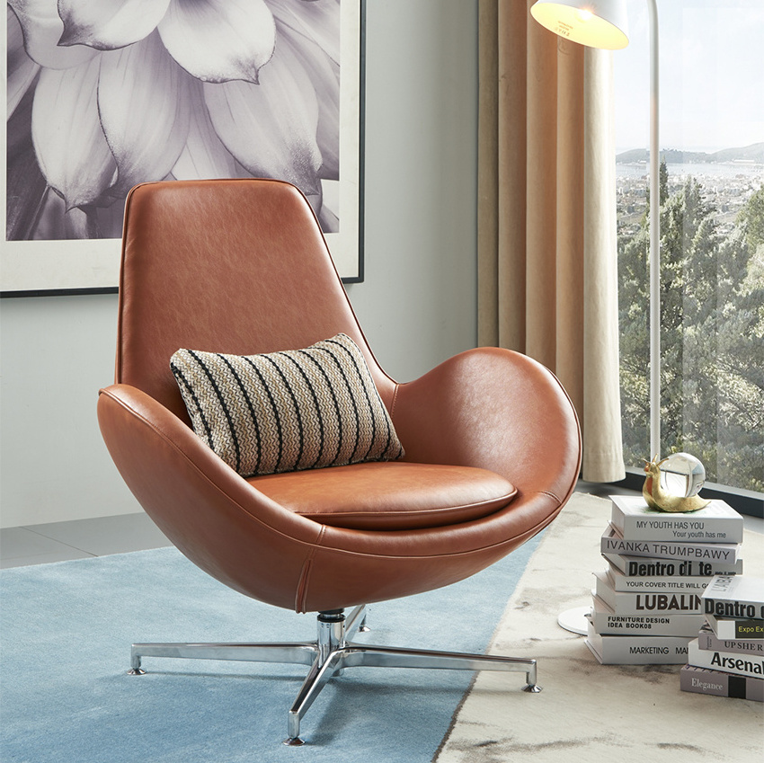 Modern Elegant Chaise Living Room Metal Legs Lounge Leather Egg Chair Leisure Swivel Hotel Chair