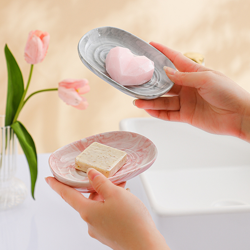 Wholesale nordic style marble porcelain shower soap bar tray ceramic bathtub soap dish pink soap holder for bathroom