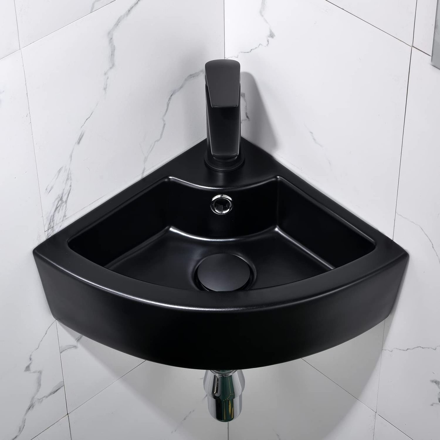 Bathroom Wall Mount Triangular Matte Black Glaze Layer Corner Mini Hand Wash Basin Sink With Single Faucet Hole and Overflow