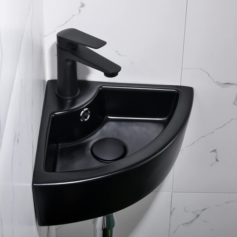 Bathroom Wall Mount Triangular Matte Black Glaze Layer Corner Mini Hand Wash Basin Sink With Single Faucet Hole and Overflow