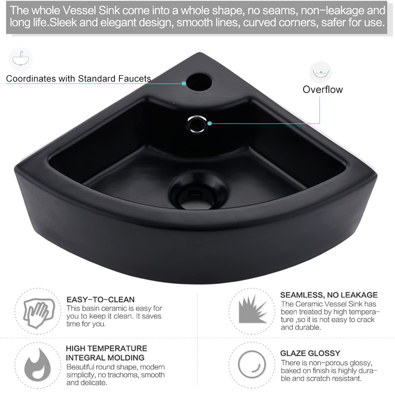 Bathroom Wall Mount Triangular Matte Black Glaze Layer Corner Mini Hand Wash Basin Sink With Single Faucet Hole and Overflow