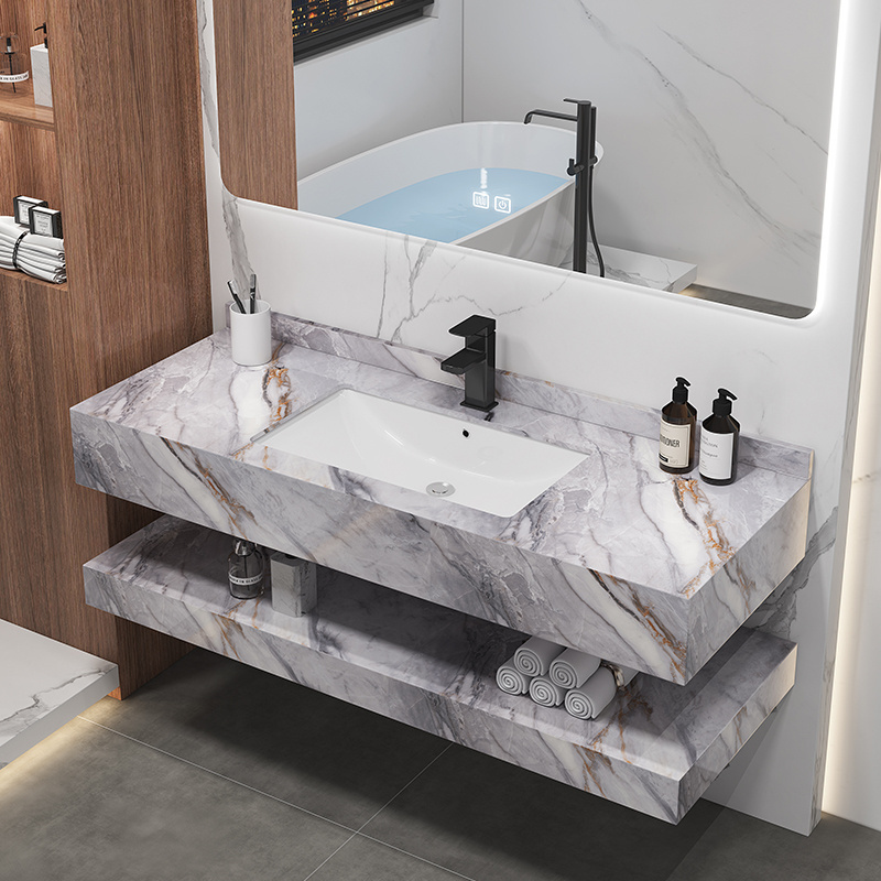 Modern Hotel Wall Mount Marble Sintered Stone Bathroom Vanities Porcelain Wash Basin Cabinet With Mirror