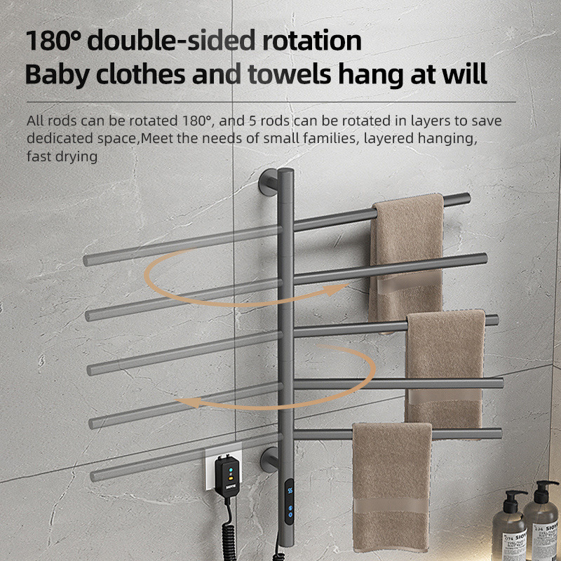 New Design Wall Rotating Towel Rack Heated Drying Bathroom Stainless Steel Grey Electric Towel Rack