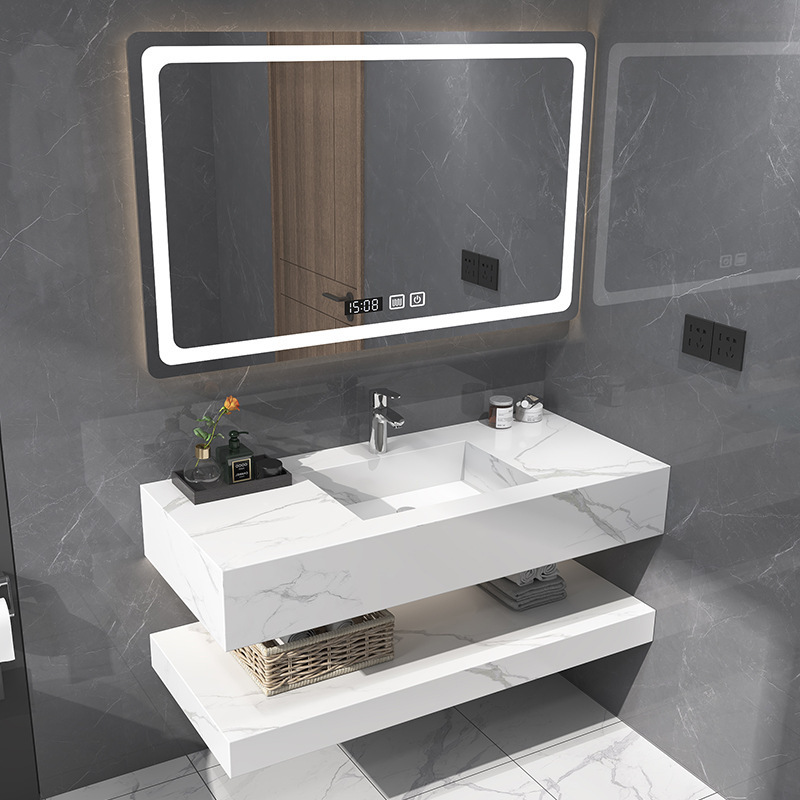 Modern Double Layers Wall Mount Wash Basin Cabinet Rock Slate Marble Sink Floating Bathroom Vanity