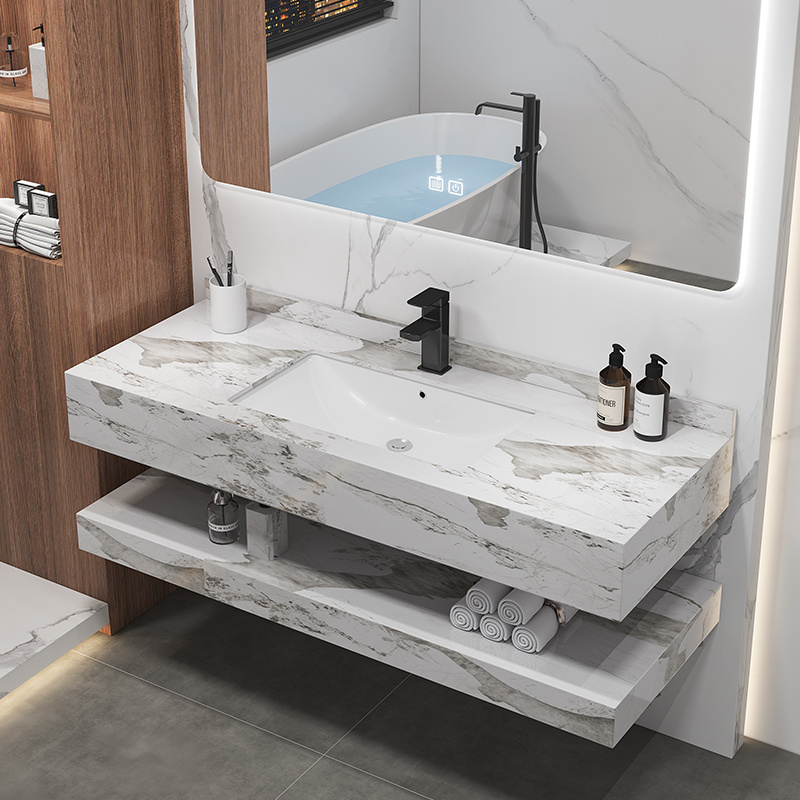 Modern Hotel Wall Mount Marble Sintered Stone Bathroom Vanities Porcelain Wash Basin Cabinet With Mirror