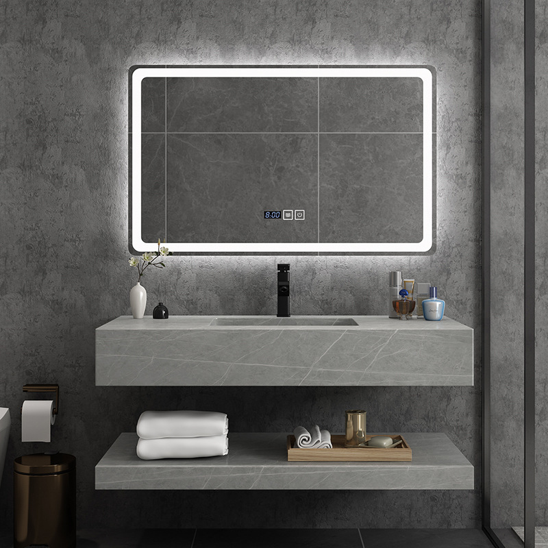 Modern Double Layers Wall Mount Wash Basin Cabinet Rock Slate Marble Sink Floating Bathroom Vanity