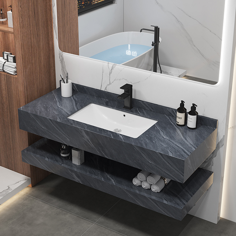 Modern Hotel Wall Mount Marble Sintered Stone Bathroom Vanities Porcelain Wash Basin Cabinet With Mirror