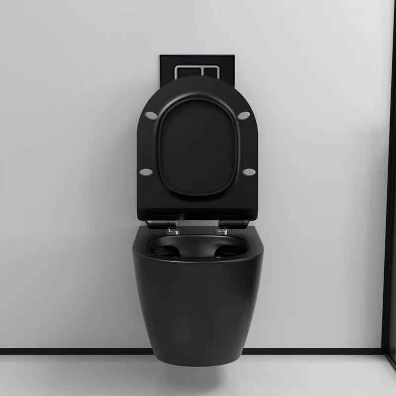 Rimless Water Closet P Trap Ceramic Two Piece Black Toilet Bowl Bathroom Wall Hung WC Toilet Set