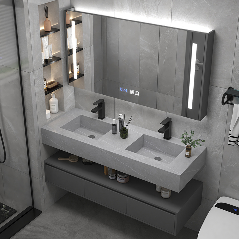 Hot Sale White Double Sink Marble Bathroom Cabinet Modern Floating Washroom Solid Wood Vanity With Mirror