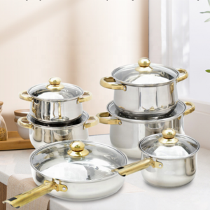 Kitchen Supplies Gold Cookware Cooking Pot German Triply Cookware Stainless Steel 12pcs Cookware