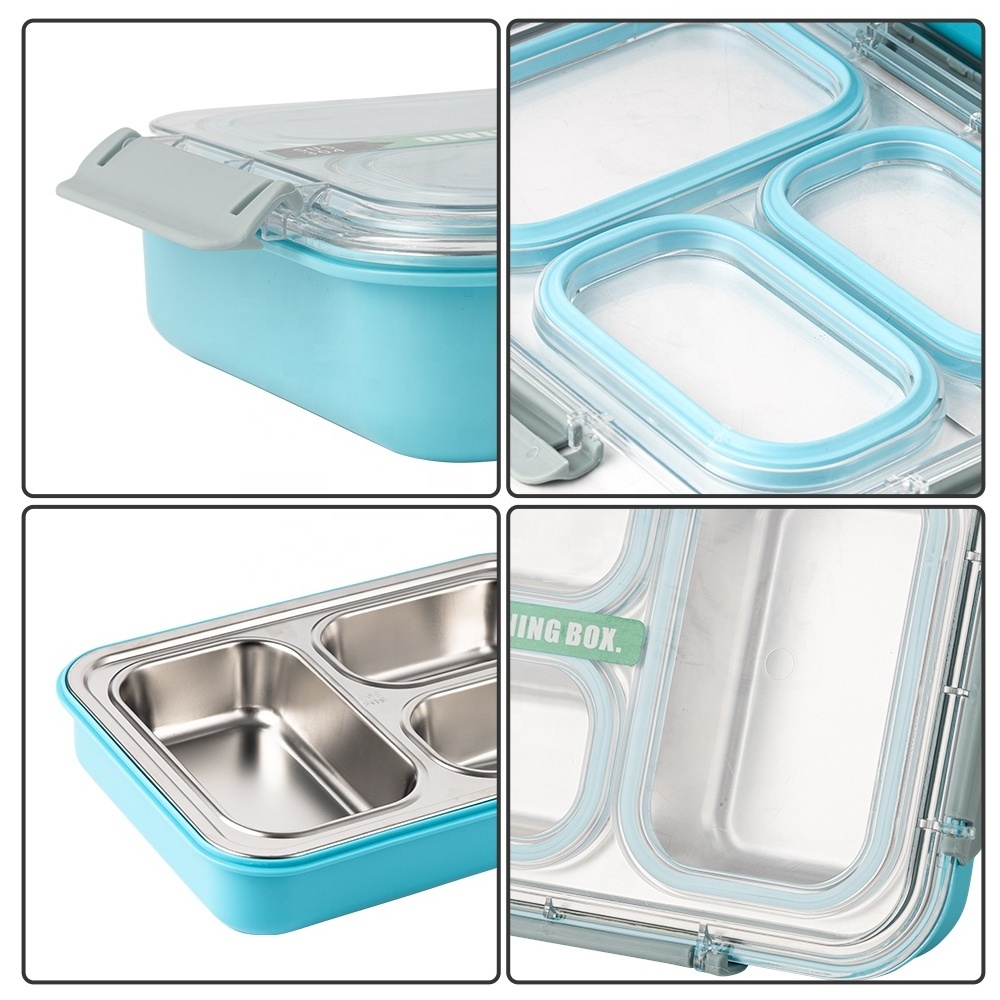 Wholesale Customized 304 Leakproof Sealed Office Adult Bento Food Box 3 & 4 Compartment Stainless Steel Kids Tiffin Lunch Box