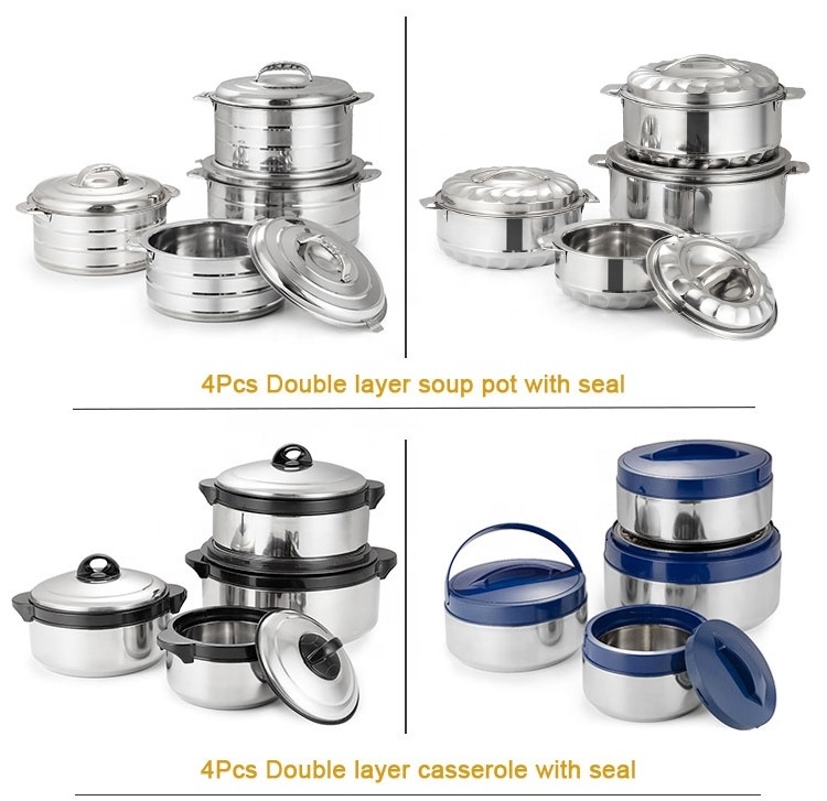 Kitchen Cookware Double Wall Vacuum Keep Warm Insulated Casserole Set Stainless Steel Hot Pot Food Warmer Containers 4 Pcs Set