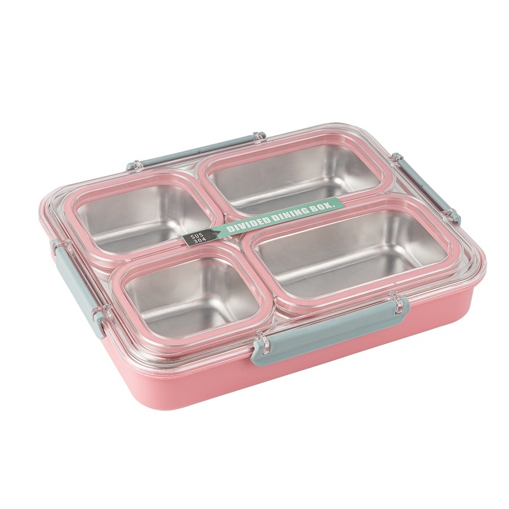 Wholesale Customized 304 Leakproof Sealed Office Adult Bento Food Box 3 & 4 Compartment Stainless Steel Kids Tiffin Lunch Box