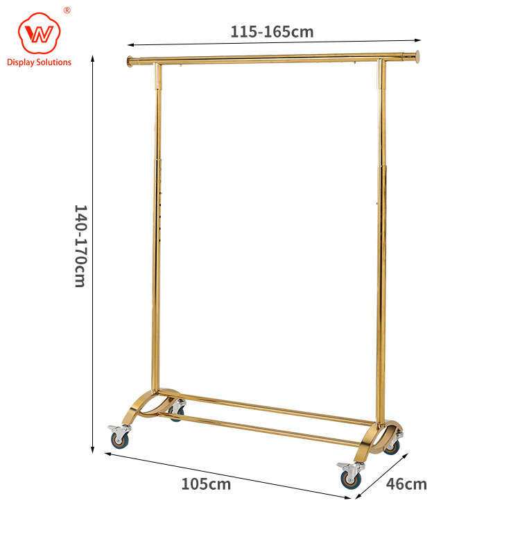 High End Shiny Gold Heavy Duty Clothing Racks Clothing rack with wheel Clothing Stand Stainless Steel Metal Garment Display Rack