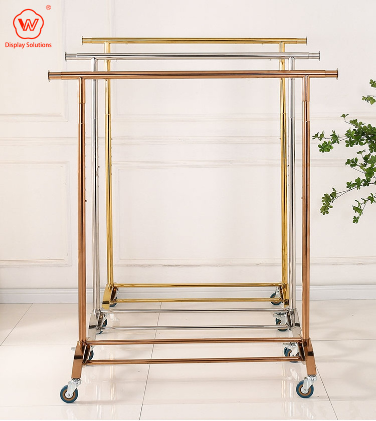 High End Shiny Gold Heavy Duty Clothing Racks Clothing rack with wheel Clothing Stand Stainless Steel Metal Garment Display Rack