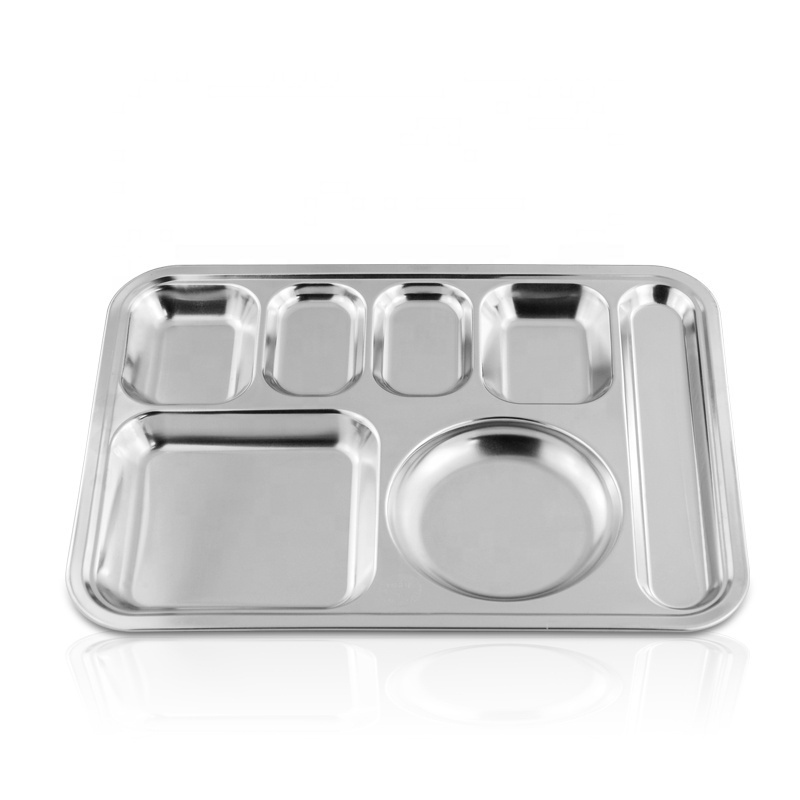 Cheap Price Cafeteria Thali 7 Compartment Serving Tray Stainless Steel Food Eating Mess Tray