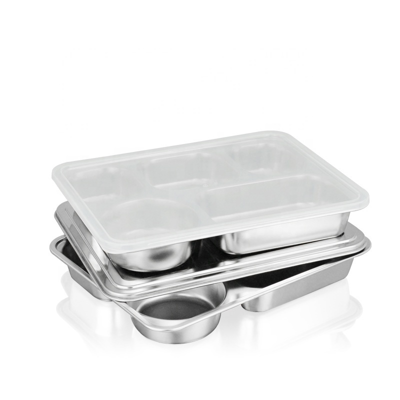 Tableware Divided Metal Food Lunch Mess Tray Stainless Steel 5 Meal Compartments Dinner Plates