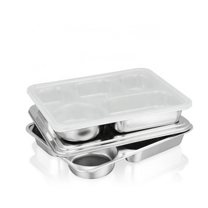 Tableware Divided Metal Food Lunch Mess Tray Stainless Steel 5 Meal Compartments Dinner Plates