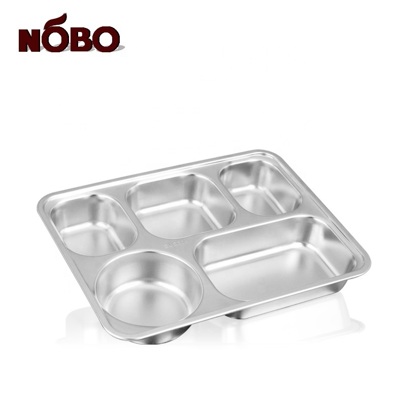 Tableware Divided Metal Food Lunch Mess Tray Stainless Steel 5 Meal Compartments Dinner Plates