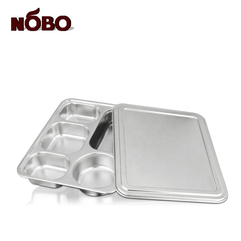 Tableware Divided Metal Food Lunch Mess Tray Stainless Steel 5 Meal Compartments Dinner Plates