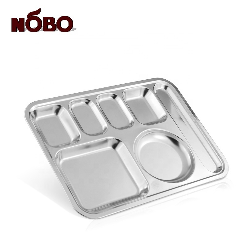 Cheap Price Cafeteria Thali 7 Compartment Serving Tray Stainless Steel Food Eating Mess Tray