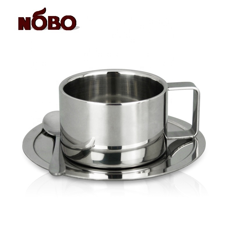 NOBO Customized logo Insulated Espresso Cup Set Stainless Steel Tea Cups and Saucer With Spoon