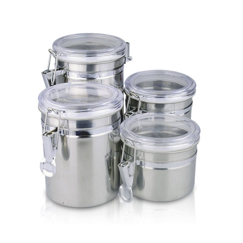 Metal acrylic air tight kitchen storage food canisters stainless steel sugar coffee tea canister set with lid