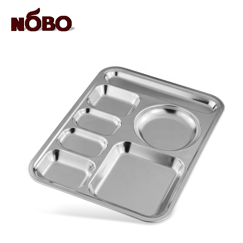 Cheap Price Cafeteria Thali 7 Compartment Serving Tray Stainless Steel Food Eating Mess Tray