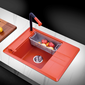 Drop In Kitchen Sink- Topmount Kitchen Sink orange Quartz Composite Deep Single Bowl Kitchen Sink with Dish Grid& Strainer