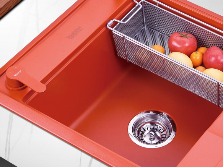 Drop In Kitchen Sink- Topmount Kitchen Sink orange Quartz Composite Deep Single Bowl Kitchen Sink with Dish Grid& Strainer