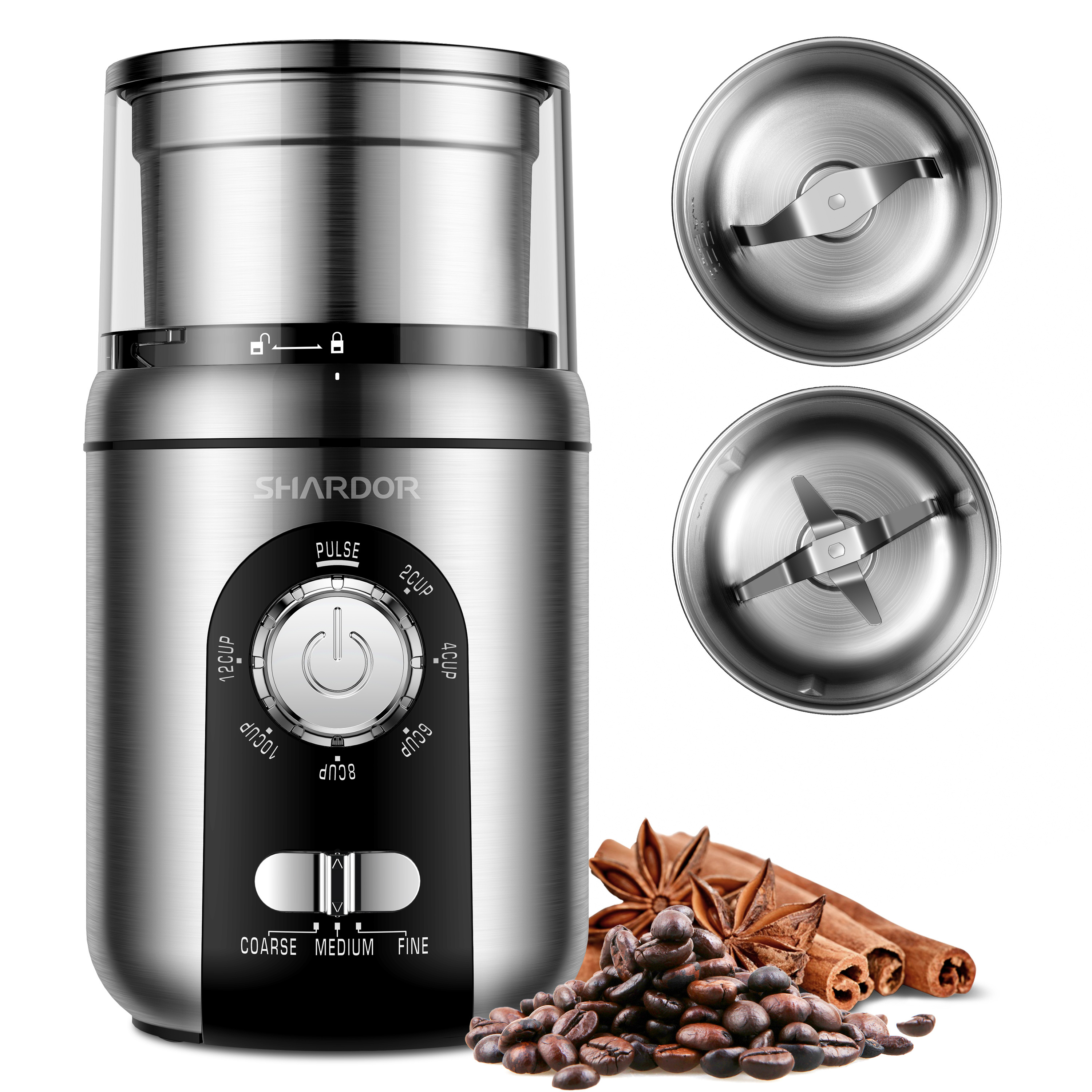 Beans Spices and More Multiple Grind Settings for up to 14 Cups 2 Removable Stainless Steel Grinder