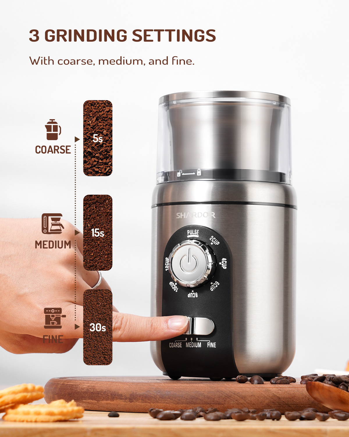 Beans Spices and More Multiple Grind Settings for up to 14 Cups 2 Removable Stainless Steel Grinder