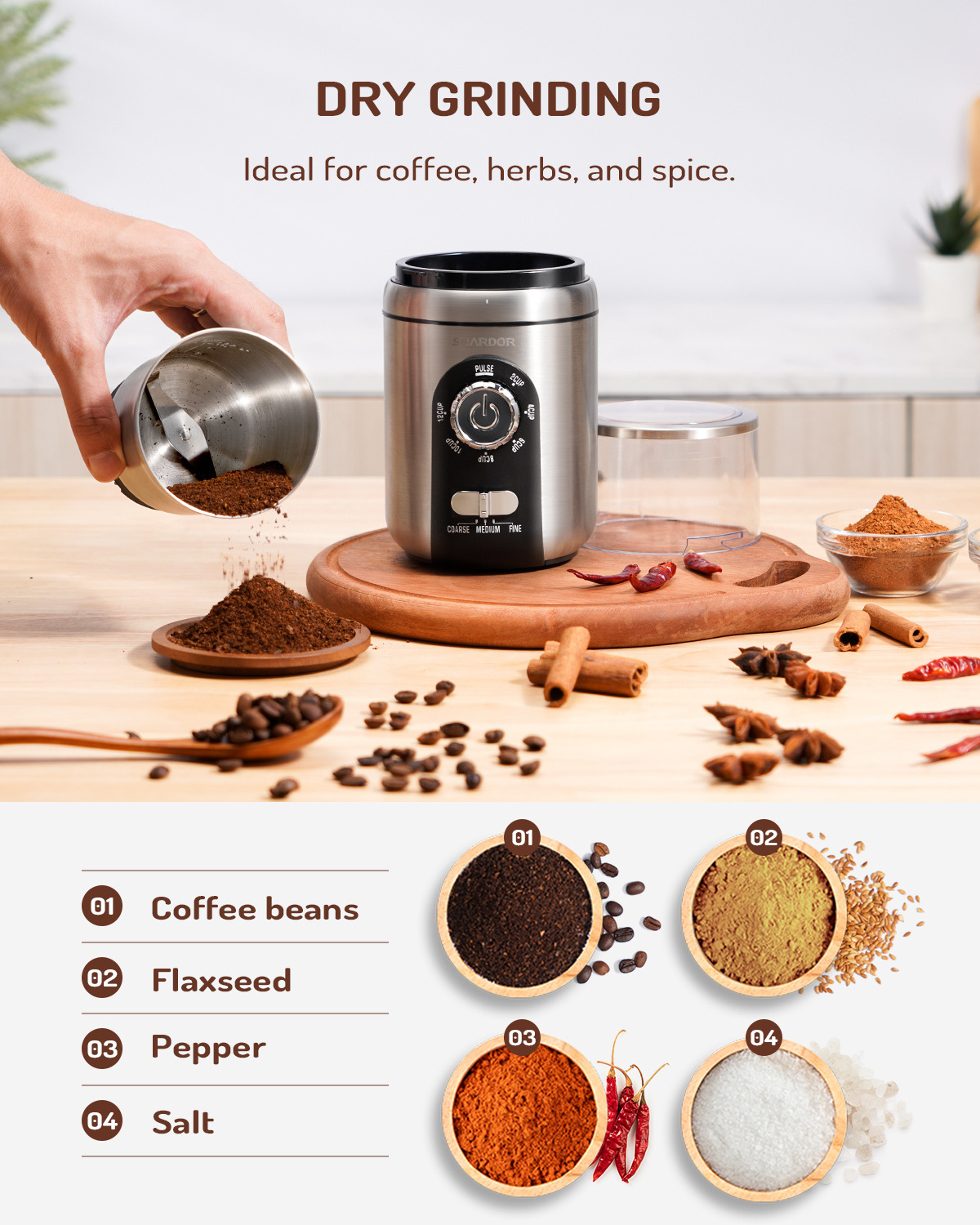 Beans Spices and More Multiple Grind Settings for up to 14 Cups 2 Removable Stainless Steel Grinder