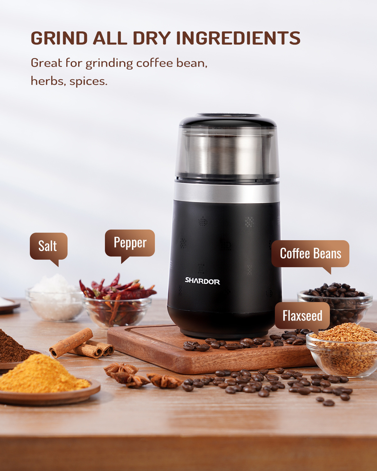 Removable Stainless Steel Bowl Black Spice Grinder Electric Espresso Silent Home Quiet Grinding Coffee Bean Grinder