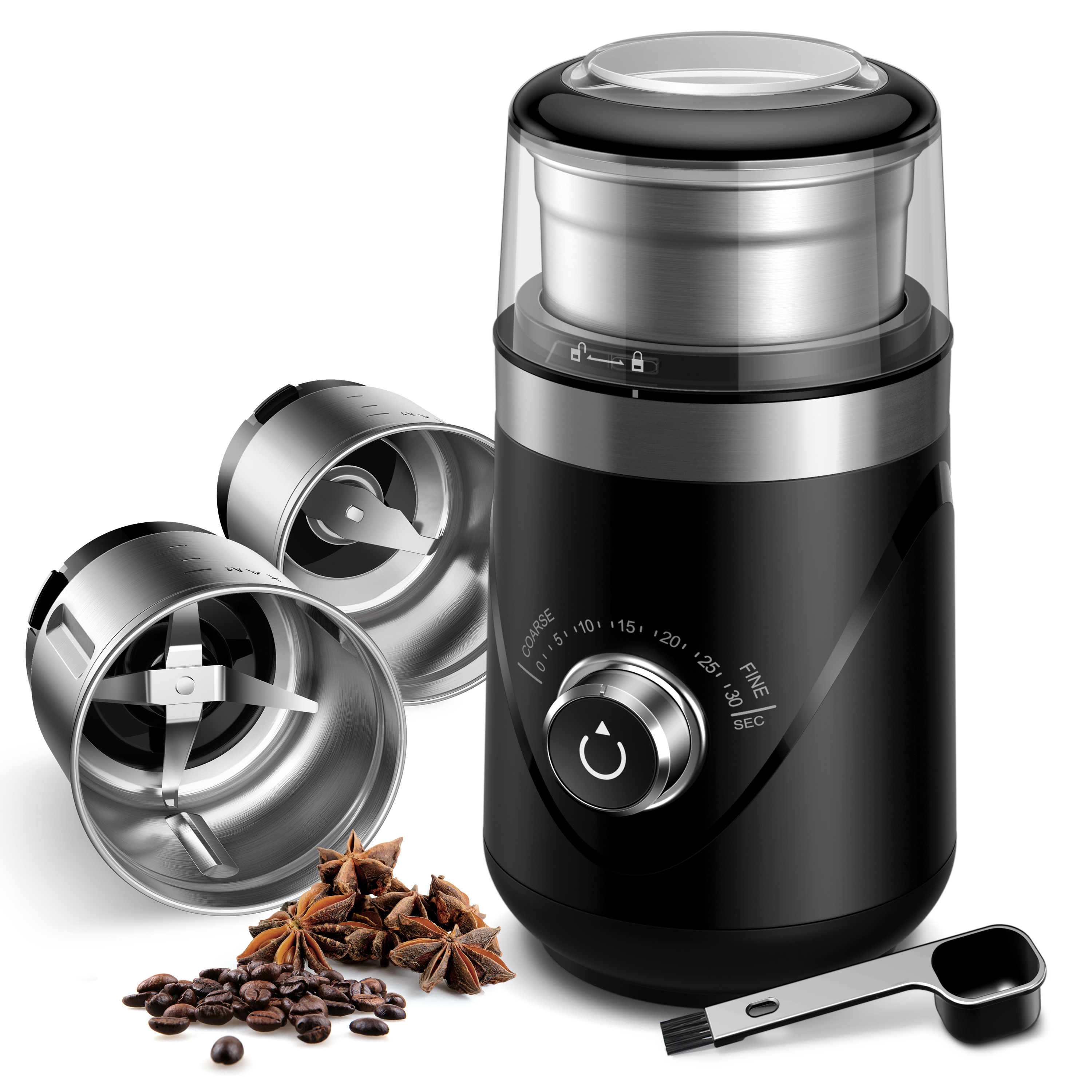 Two Stainless Steel Bowls Coffee Grinder Electric for Beans Spices Herbs Grains and Nuts Espresso Grinder