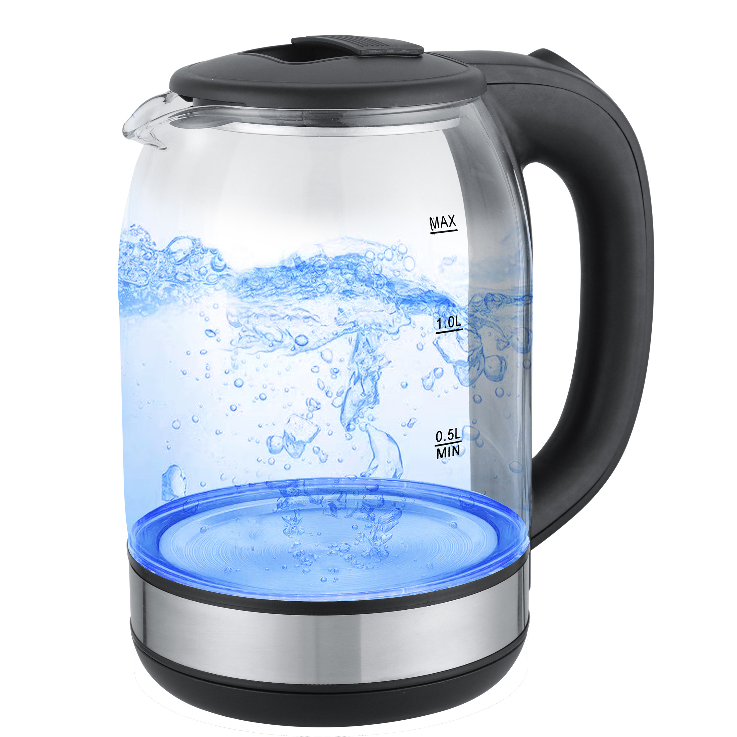 Big discount hot sale portable hotel 1.8L blue led light boiling tea water glass electric kettle