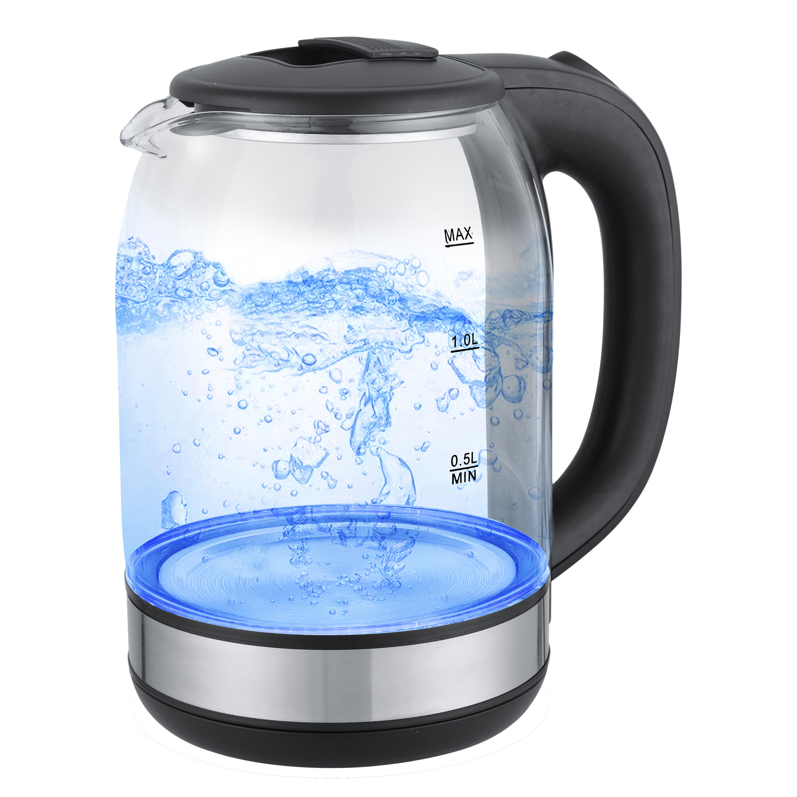 Big discount hot sale portable hotel 1.8L blue led light boiling tea water glass electric kettle