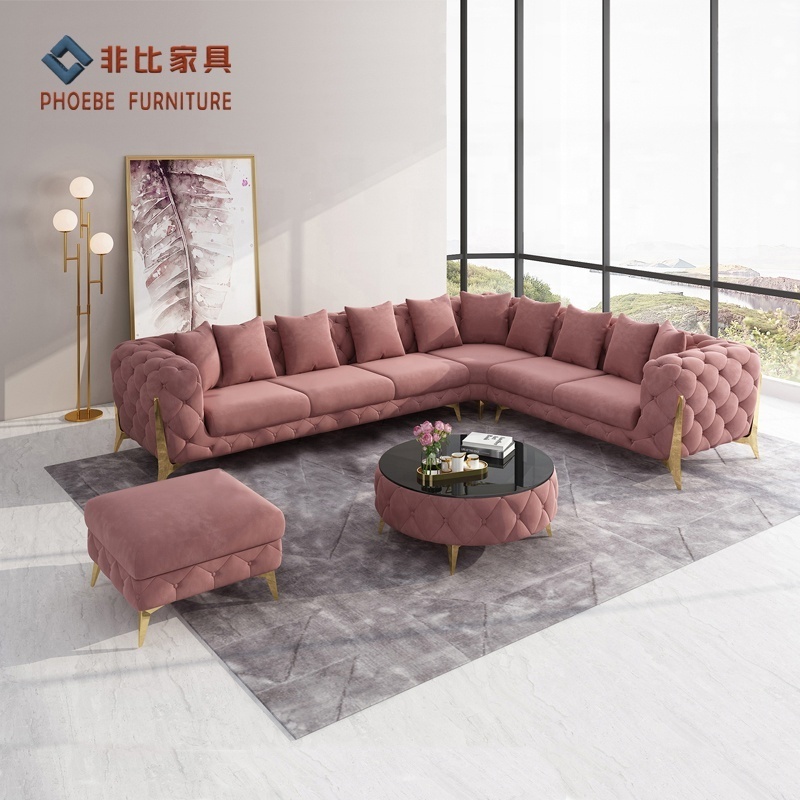 Luxury traditional pink blue velvet L shape chesterfield sofa sets living room furniture with golden legs